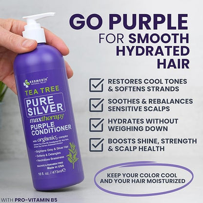 Tea Tree Purple Conditioner, Anti-Brass Toner for Blonde, Silver & Gray Hair, Softens, Repairs Damaged Hair & Salon-Grade Hair Toner Conditioner, 16 fl oz