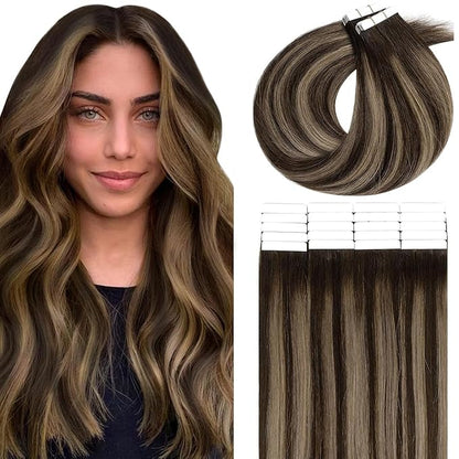 Lacer Tape In Hair Extensions Human Hair 14 Inch Pu Skin Weft Tape In Hair Extensions Real Human Hair Rooted Dark Brown To Chestnut Brown Highlight Dark Brown