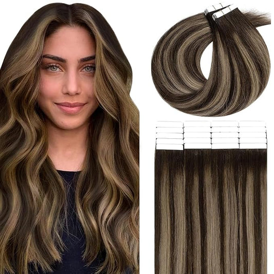 Lacer Tape In Hair Extensions Human Hair 14 Inch Pu Skin Weft Tape In Hair Extensions Real Human Hair Rooted Dark Brown To Chestnut Brown Highlight Dark Brown