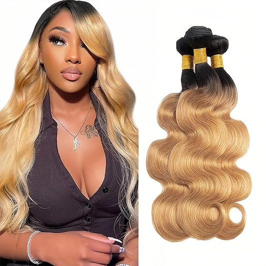 30 32 34 Inch Ombre Human Hair Bundles 1B27 Body Wave Bundles Niegmeag Virgin Soft and Silky Remy Hair Extensions Double Weft Honey Blonde Bundle Hair Weave