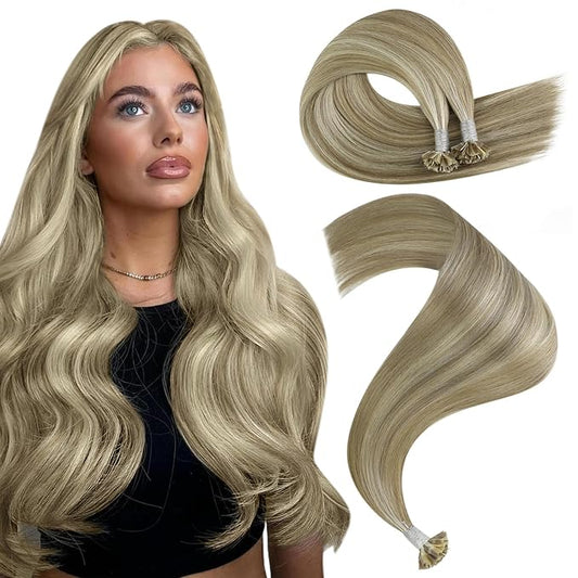 YoungSee K Tip Hair Extensions Human Hair Light Brown Highlight Ktip Human Hair Extensions Light Brown Highlights Blonde Ktip Natural Hair Extensions K Tip Human Hair Extensions for Women 18in 50s/50g