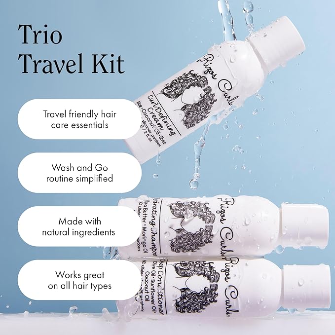 Rizos Curls Trio Travel Curl Kit, Includes Travel Hydrating Shampoo, Travel Deep Conditioner, Travel Curl Cream, Gently Cleanse, Hydrate and Style, For All Curl Patterns 2a - 4c, 3 pack of 2 oz
