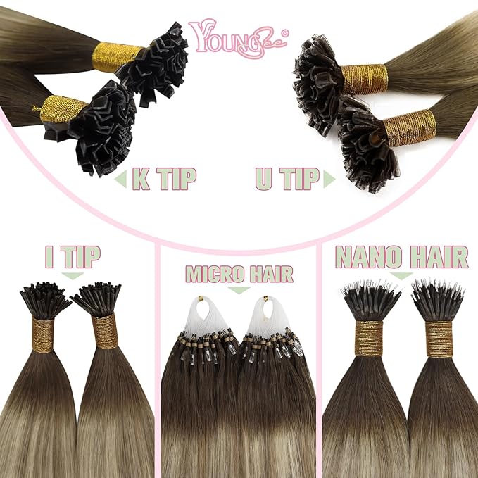 YoungSee K Tip Extensions Human Hair Balayage Brown K Tip Extensions Real Human Hair Dark Brown Ombre Brown Mix Blonde Fusion Hair Extensions Human Hair for Long Hair 22 Inch 50s/50g