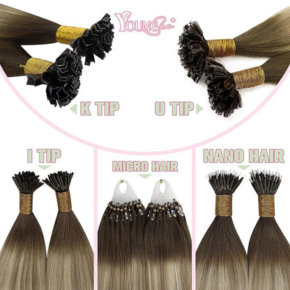 YoungSee K Tip Extensions Human Hair Balayage Brown K Tip Extensions Real Human Hair Dark Brown Ombre Brown Mix Blonde Fusion Hair Extensions Human Hair for Long Hair 22 Inch 50s/50g