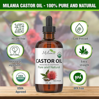MILANIA Organic Castor Oil - Glass Bottle - Cold Pressed & Hexane-Free (4 fl. oz.)