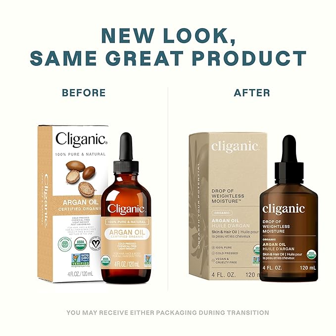 Cliganic Organic Argan Oil, 100% Pure | for Hair, Face & Skin | Natural Cold Pressed Carrier Oil, Imported from Morocco (Packaging May Vary)