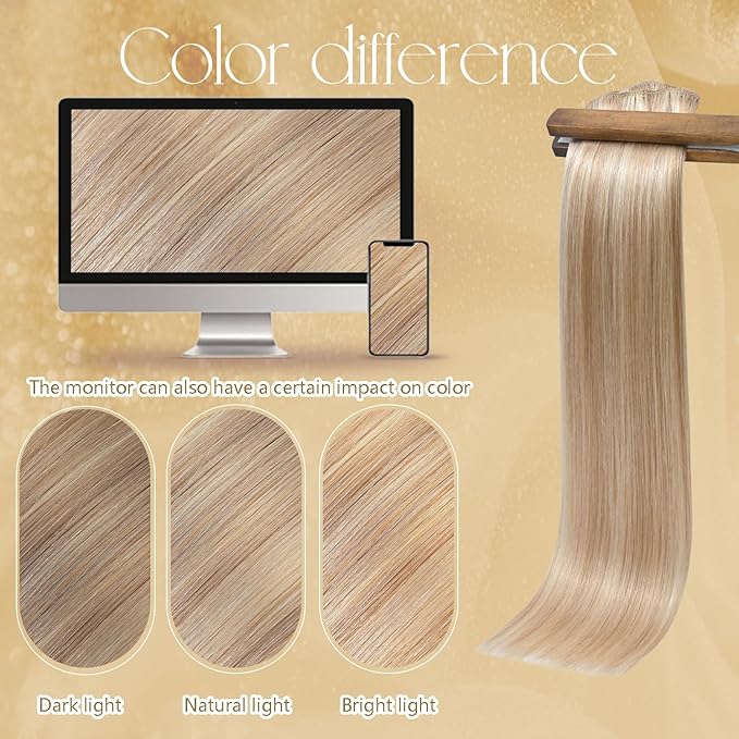 Blonde Hair Extensions Real Human Hair 15 InchesGolden Blonde Highlights 75g Human Hair Extension for Women Straight Soft 100% Natural Human Hair #16/22 7pcs