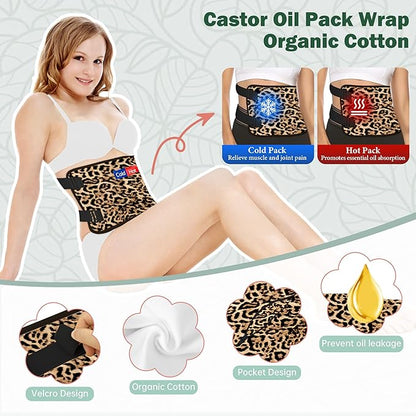 Castor Oil Pack Wrap for Stomach, Castor Oil Packs for Waist, Reusable Castor Oil Pack Kit Organic Cotton Adjustable Castor Oil Wrap Compress Pads for Entire Body, Machine Washable Anti Oil Leak