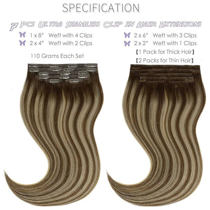 Lacer Human Hair Clip in Extensions 7Pcs 20 Inch Seamless Clip in Hair Extensions Highlignt Warm Brown to Dark Caramel Blonde Invisible PU Skin Weft Natural Human Hair 110Grams 18 Clips