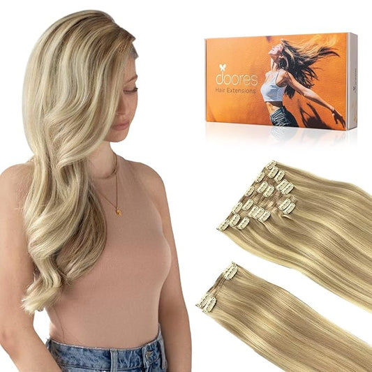 DOORES Clip in Hair Extensions Real Human Hair, Light Blonde Highlighted Golden Blonde 150g 9pcs 18 Inch, Real Hair Extensions Clip in Human Hair Natural Thick Human Hair Extensions Clip ins Straight