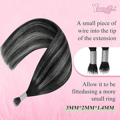 YoungSee Nano Loop Hair Extensions Black Ombre Nano Hair Extensions Real Hair Ombre Black to Silver Nano Bead Hair Extensions Human Hair Silver Human Hair Nano Ring Extensions Black 1g/s 50g 20inch