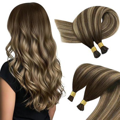 Sunny Hair 22inch I Tip Hair Extensions Human Hair Medium Brown Balayage Caramel Blonde Mix Brown I Tip Hair Extensions for Wedding Tip Hair Extensions Add Length Fusion Hair Extensions 50g 50s