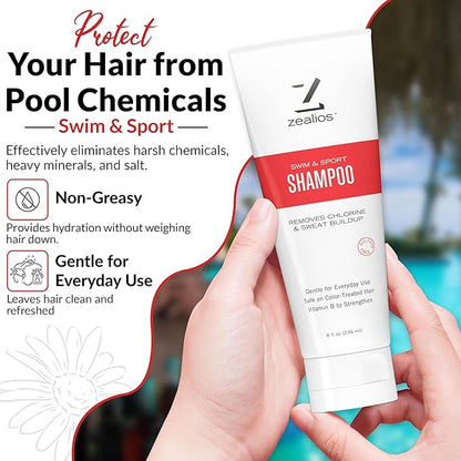 Zealios Sport Clarifying Shampoo, 8 oz Squeeze Tube for Extremely Damaged Hair, Pool Hair Repair & Protector - Sulfate-Free, Moisturizing Chlorine & Salt Removal, Color-Safe, Citrus Scent for Swimmers