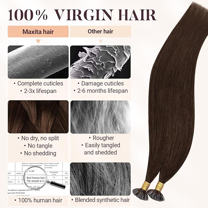 MAXITA U Tip Hair Extensions Human Hair, Chocolate Brown Hair Extensions Real Human Hair, 50g/50 Strands/Pack, 16 In Virgin Human Hair