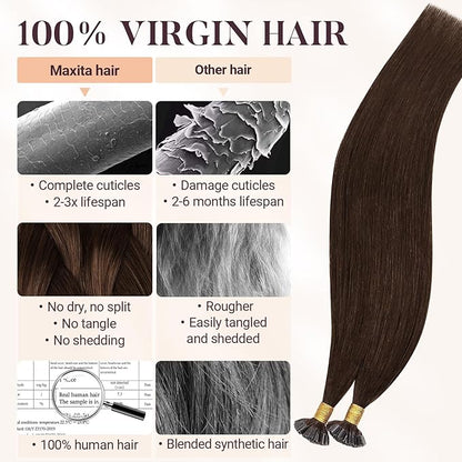 MAXITA U Tip Hair Extensions Human Hair, Chocolate Brown Hair Extensions Real Human Hair, 50g/50 Strands/Pack, 18 In Virgin Human Hair