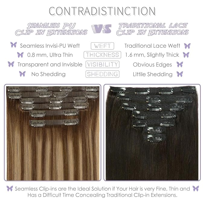 Lacer Seamless Clip in Hair Extensions 7Pcs 130g Clip in Hair Extensions Real Human Hair Chocolate Brown to Caramel Blonde With Brown Roots 18 Clips Invisible PU Skin Weft 16inch For Women