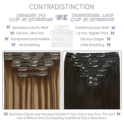 Lacer Seamless Clip in Hair Extensions 7Pcs 130g Clip in Hair Extensions Real Human Hair Chocolate Brown to Caramel Blonde With Brown Roots 18 Clips Invisible PU Skin Weft 16inch For Women