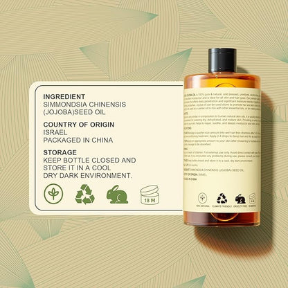 Yoken Pure Jojoba Oil Organic USDA Certified 16 fl oz, 100% Natural Jojoba Oil for Hair, Skin & Face, Cold Pressed Unrefined, Deeply Moisturizing Body Carrier Oils for Essential Oils Mixing