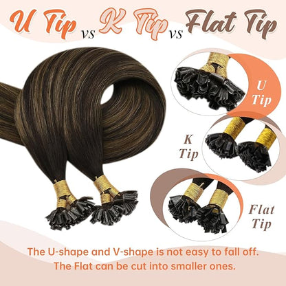 Sunny Hair U Tip Hair Extensions Human Hair for Daily Use Utip Hair Extensions Human Hair Balayage Dark Brown Ktip Human Hair Extensions Show Charm 14inch 50g
