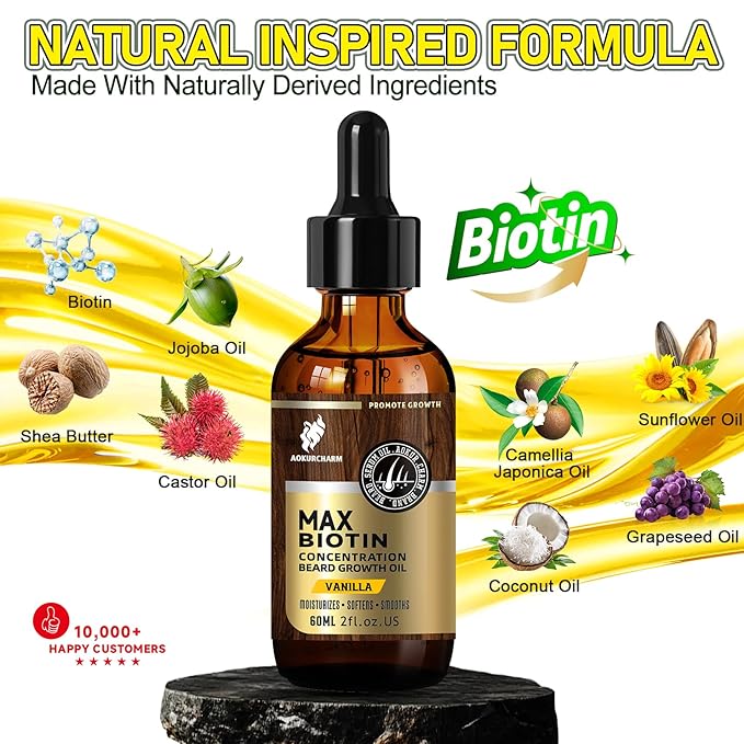 Biotin Beard Oil for Men – Vanilla Scented Growth & Softening Oil with Castor, Vitamin B5 & Grape Seed – Leave-In Beard Conditioner for Coarse or Patchy Beards – Gift for Him – 2 oz
