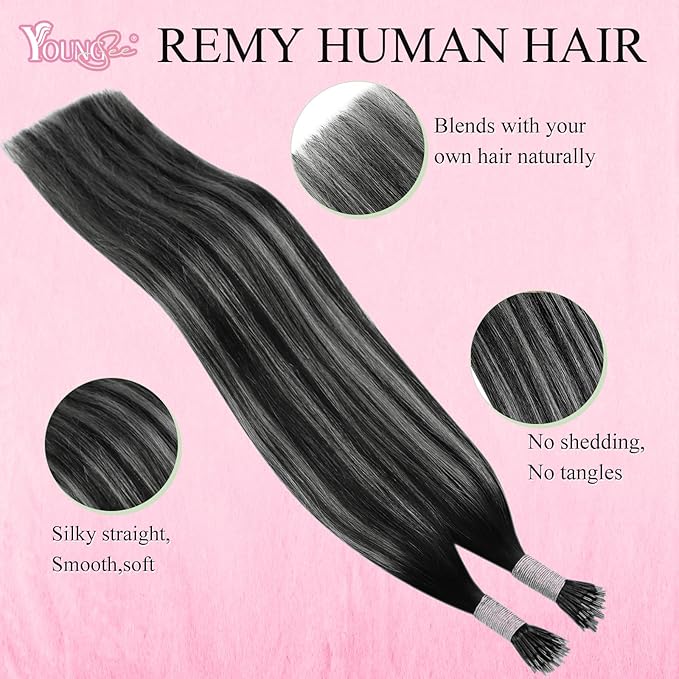 YoungSee Nano Loop Hair Extensions Black Ombre Nano Hair Extensions Real Hair Ombre Black to Silver Nano Bead Hair Extensions Human Hair Silver Human Hair Nano Ring Extensions Black 1g/s 50g 20inch