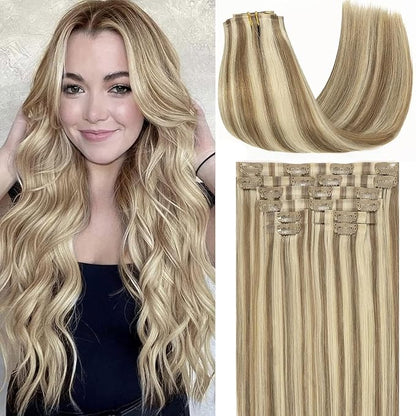 Loxxy Real Hair Extensions Clip in Human Hair 16Inch 130G Light Brown Mixed With Platinum Blonde Invisible Seamless Clip in Hair Extensions Remy Human Hair 7Pcs Silky Straight For Women