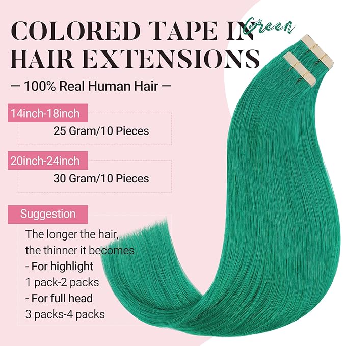 MAXITA Tape in Hair Extensions Human Hair Green Tape in Extensions 24 Inch 10pcs 30g Remy Invisible Silky Straight Colored Soft Real Human Hair Extensions