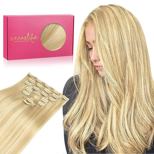 WENNALIFE Clip in Hair Extensions Real Human Hair, 22 Inch 160g 7pcs Remy Hair, Light Blonde Highlighted Golden Blonde Straight Clip Ins Natural Extensiones De Cabello Humano Con