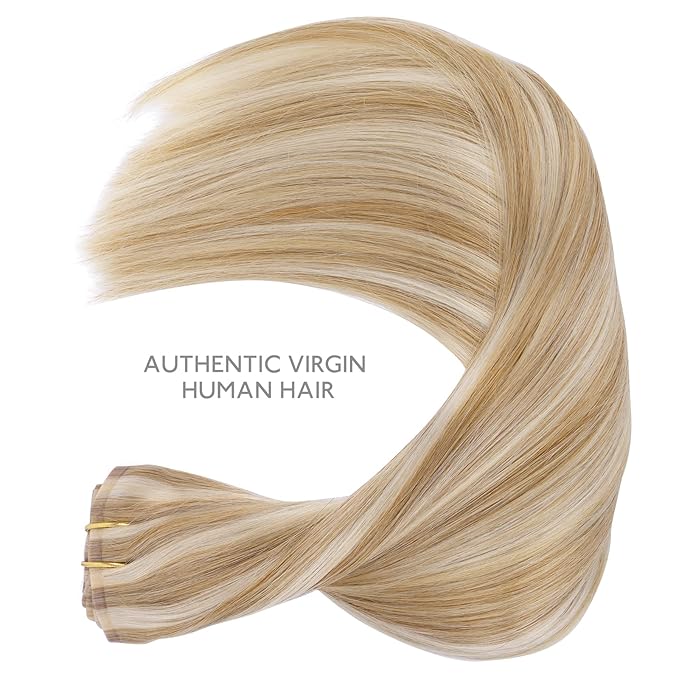WENNALIFE Seamless Clip In Hair Extensions, 22 Inch 150g 7pcs Dirty Blonde Highlighted Bleach Blonde Hair Extensions Clip in Human Hair Invisible PU Skin Weft Natural Remy Human Hair Extensions