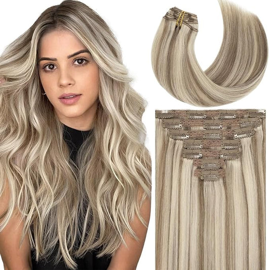 Caliee Clip in Hair Extensions P18/613 Ash Blonde Highlighted Bleach Blonde Real Human Hair Extensions Clip ins Double Weft Lace Invisible Silky Straight Natural Hair 20Inch 140G