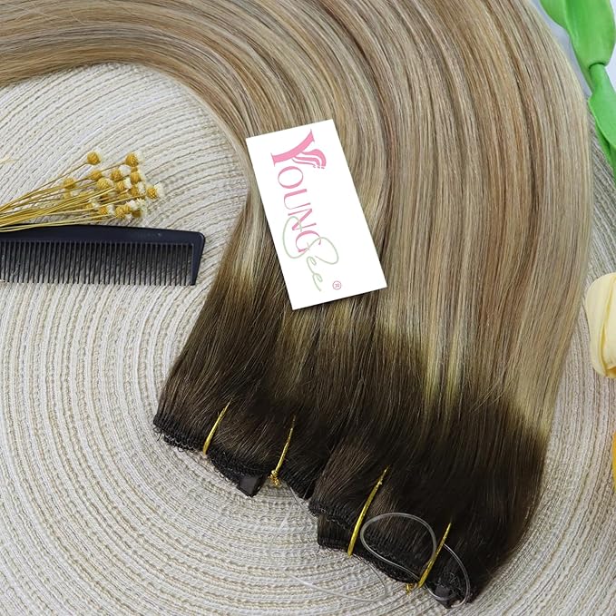 YoungSee Wire Hair Extensions Human Hair Brown Ombre Fish Line Hair Extensions Dark Brown Ombre Light Brown with Blonde Straight Hair Wire Extensions Customizable Hair Extensions Human Hair 12inch 70g