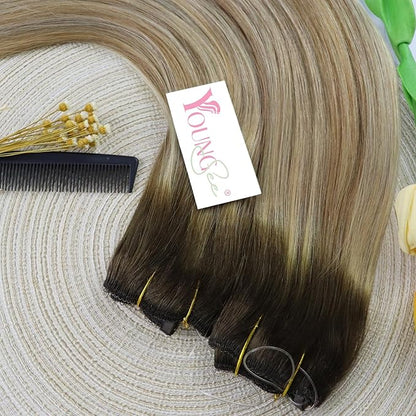YoungSee Wire Hair Extensions Human Hair Brown Ombre Fish Line Hair Extensions Dark Brown Ombre Light Brown with Blonde Straight Hair Wire Extensions Customizable Hair Extensions Human Hair 12inch 70g