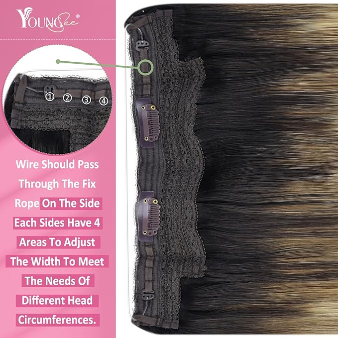 YoungSee Wire Hair Extensions Real Human Hair Balayage Wire Extension with Adjustable Clips Dark Brown Roots Blending into Medium Brown with Warm Blonde Highlights Remy Human Hair Extensions 18In 80G