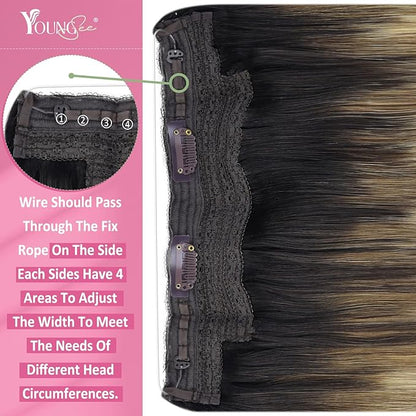 YoungSee Wire Hair Extensions Real Human Hair Balayage Wire Extension with Adjustable Clips Dark Brown Roots Blending into Medium Brown with Warm Blonde Highlights Remy Human Hair Extensions 18In 80G