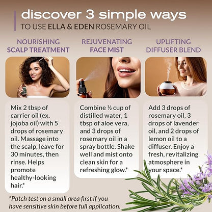 Ella & Eden Rosemary Oil for Hair 100% Pure, Steam-Distilled, Hexane-Free | USDA Certified Organic Rosemary Essential Oil for Skin Aromatherapy in a Glass Bottle, 4 Oz