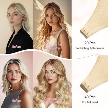 MAXITA Tape in Hair Extensions Human Hair Platinum Blonde 24 Inch 100g 40pcs Thick Ends Remy Seamless Straight Human Hair Extensions Invisible Tape in Extensions Human Hair
