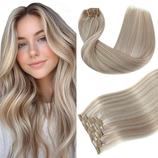 Youngsmile Clip in Hair Extensions Real Human Hair,Hair Extensions Clip ins,Double Drawn,Soft Silk Human Hair, 20 inch 7pcs 120g, Ash Blonde mixed White Blond(CLIP#18P1000-20Inch)