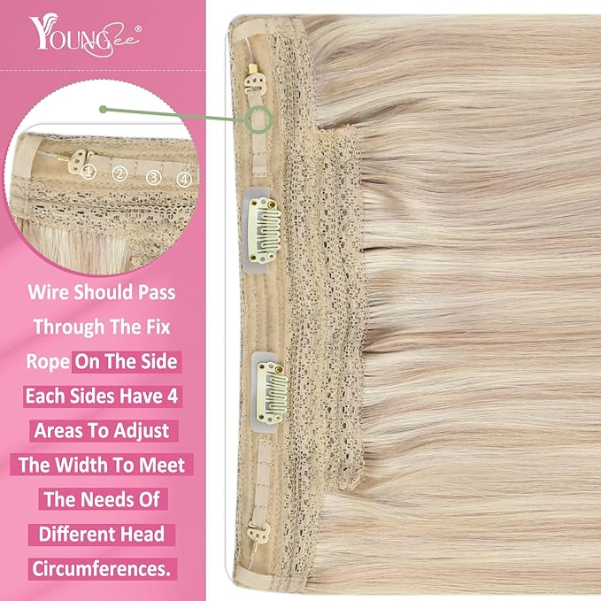 YoungSee 120g Wire Hair Extensions Real Human Hair Ash Blonde Highlights Bleach Blonde Wire Human Hair Extensions for Women Invisible Crown Hair Extension Human Hair 16Inch