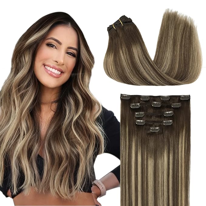 DOORES Hair Extensions Clip in Human Hair, 5pcs 85g 22 Inch Balayage Chocolate Brown to Honey Blonde Remy Clip in Human Hair Extensions Straight Natural Hair Extensions