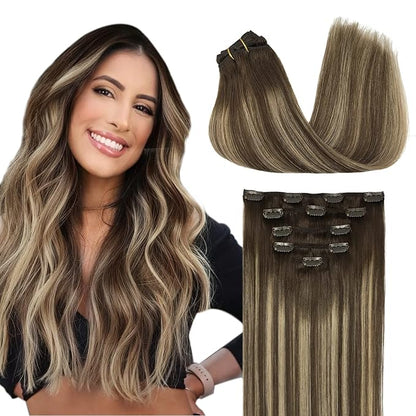 DOORES Hair Extensions Clip in Human Hair, 5pcs 85g 22 Inch Balayage Chocolate Brown to Honey Blonde Remy Clip in Human Hair Extensions Straight Natural Hair Extensions