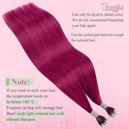 YoungSee Nano Ring Hair Extensions Magenta Nano Human Hair Extensions Burgundy Nano Bead Hair Extensions Human Hair Colorful Nano Hair Extensions Colored Nano Tip Hair for Role Playing 25s 25g 20inch