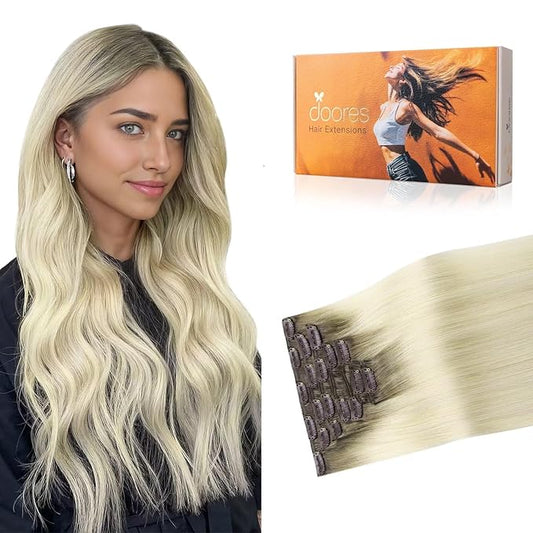 DOORES Clip in Human Hair Extensions, Light Ash Brown to Ash Blonde, 120g, 7pcs, 22 Inch, Real Natural, Thick, Silky