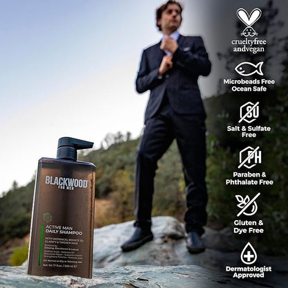 BLACKWOOD FOR MEN Active Man Daily Shampoo - Thickening & Clarifying Shampoo for Normal to Oily Hair or Scalp - Fights Hair Loss - Natural Vegan Formula - Sulfate Free with Ginseng & Aloe Vera (17oz)