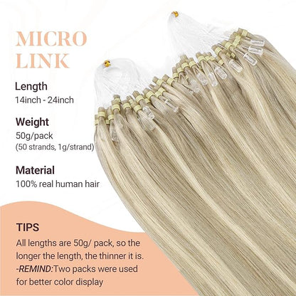 MAXITA Microlink Hair Extensions Human Hair, Ash Blonde Highlighted Platinum Blonde Micro Bead Hair Extensions Virgin Human Hair, 50g/50 Strands/Pack, 22 In