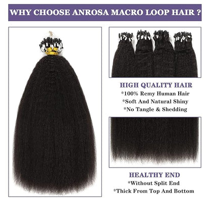 Anrosa Kinky Straight Micro Loop ring Human Hair Extensions Natural Black Micro Beads Hair Extensions Human Hair Black Women Light Weight Kinky Coarse Real Hair Extensions 12 Inch 40gram 50 Strands