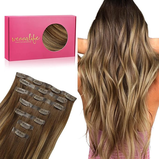 WENNALIFE Seamless Clip In Hair Extensions Human Hair, 24 Inch 160g 7pcs Balayage Chocolate Brown to Caramel Blonde Invisible Natural PU Weft Straight Extensiones De Cabello Hmano