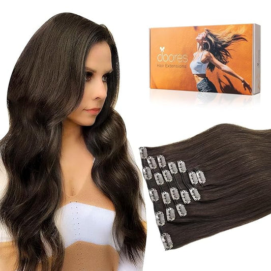 DOORES Human Hair Clip in Extensions, Light Dark Brown 16 Inch 135g 7pcs, Remy Clip in Hair Extensions Thick Weft for Women Clip in Silky Straight