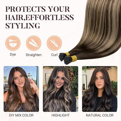 MAXITA I Tip Hair Extensions Human Hair, Balayage Chocolate Brown to Caramel Blonde 100g/50s 24 Inch,Comfortable Wear, 100% Remy Human Hair, Real Human Itip Keratin Hair Extensions