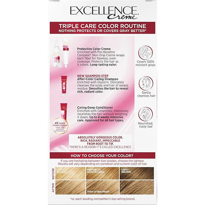 L'Oreal Paris Excellence Creme Permanent Triple Care Hair Color, 8 Medium Blonde, Gray Coverage For Up to 8 Weeks, All Hair Types, Pack of 1
