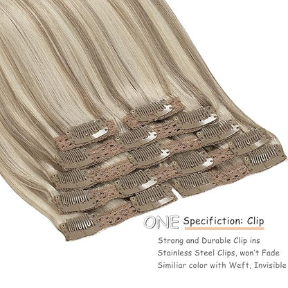 Caliee Clip in Hair Extensions P18/613 Ash Blonde Highlighted Bleach Blonde Real Human Hair Extensions Clip ins Double Weft Lace Invisible Silky Straight Natural Hair 20Inch 140G